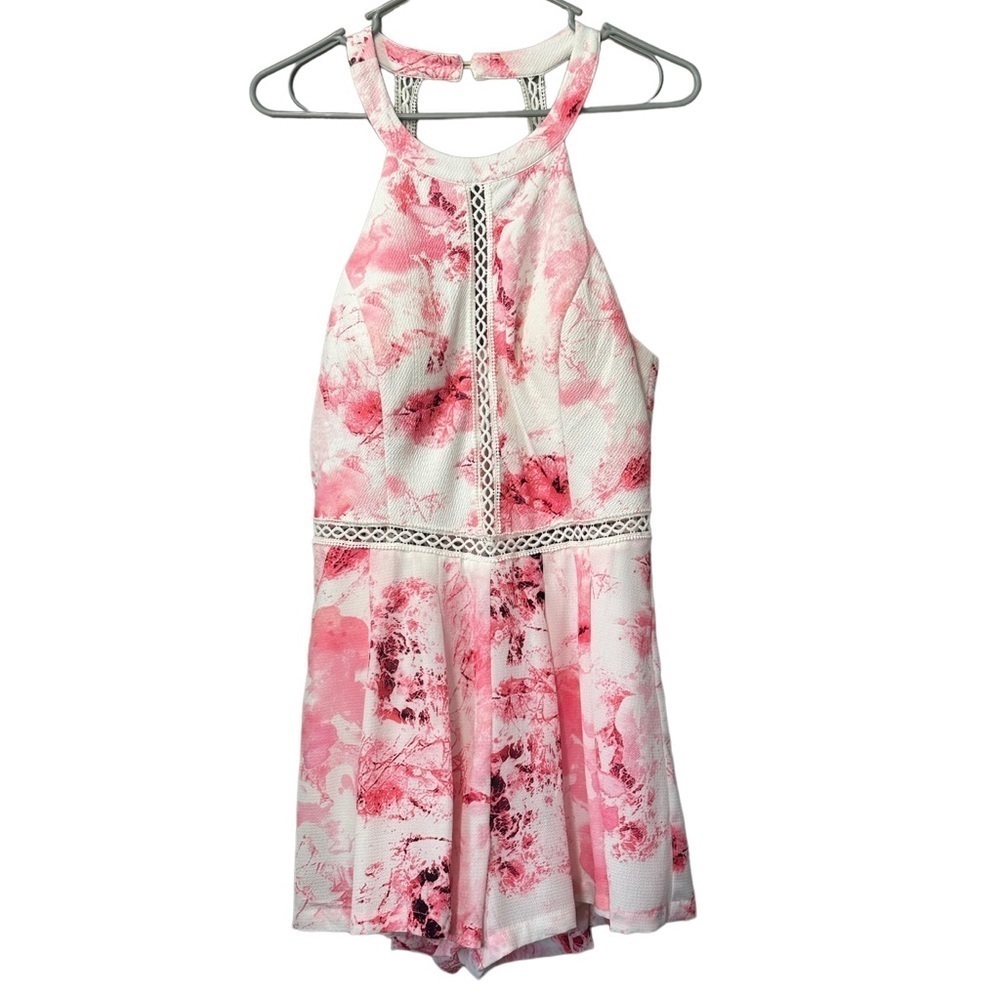 LUXMI white and pink flower halter romper low with cut outs on waist size medium